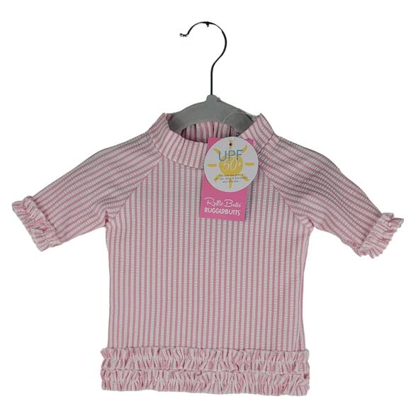 Ruffle Butts Pink Searsucker Top Bottoms Baby Swim Suit UPF 50+ 6-12 months NWT